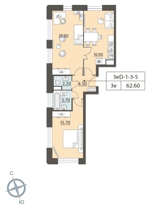 2-комнатная квартира без отделки, 62.6 м2, 7 этаж, дом сдан, ЖК ЗИЛАРТ, корпус ZILART DIAMOND - объявление 1943783 - фото №1