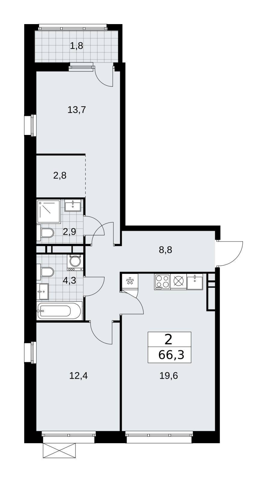 2-комнатная квартира без отделки, 66.3 м2, 11 этаж, сдача 1 квартал 2026 г., ЖК Дзен-кварталы, корпус 4.3 - объявление 2251774 - фото №1
