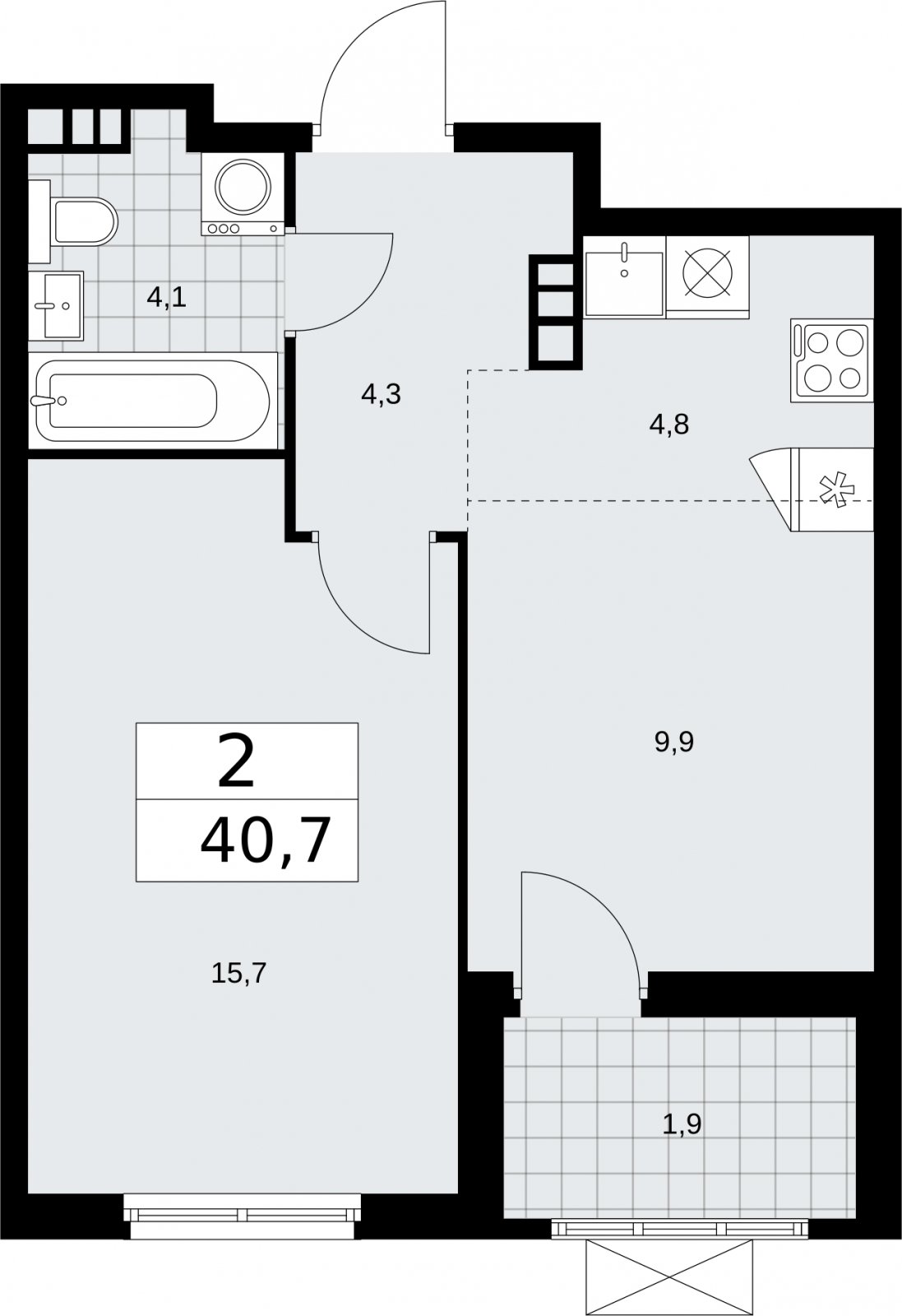 2-комнатная квартира (евро) без отделки, 40.7 м2, 5 этаж, сдача 2 квартал 2026 г., ЖК Бунинские кварталы, корпус 5.3 - объявление 2297525 - фото №1