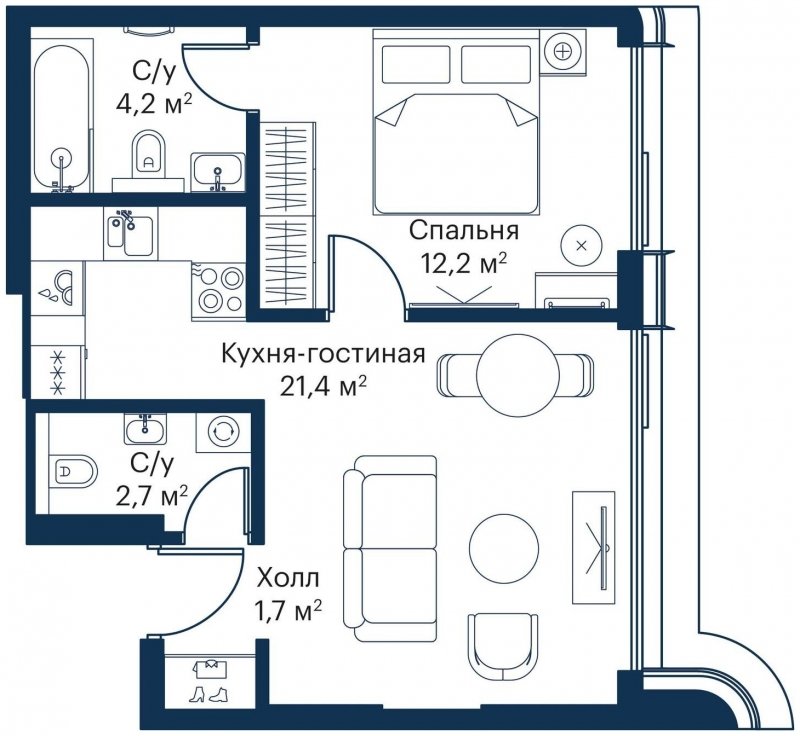 1-комнатная квартира с частичной отделкой, 42.2 м2, 45 этаж, сдача 4 квартал 2023 г., ЖК City Bay, корпус Atlantic Ocean 1 - объявление 1645373 - фото №1