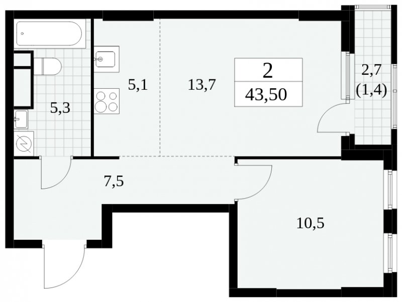 2-комнатная квартира (евро) без отделки, 43.5 м2, 5 этаж, сдача 2 квартал 2025 г., ЖК Южные сады, корпус 2.3 - объявление 1758136 - фото №1