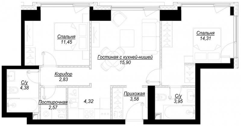 2-комнатная квартира с частичной отделкой, 63.3 м2, 6 этаж, сдача 1 квартал 2023 г., ЖК Hide, корпус RiverSide - объявление 1707080 - фото №1