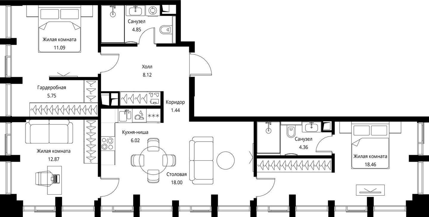 3-комнатная квартира с частичной отделкой, 90.96 м2, 10 этаж, сдача 3 квартал 2026 г., ЖК City Bay, корпус North Ocean 10 - объявление 2240676 - фото №1