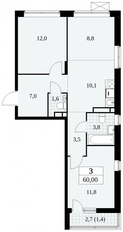 3-комнатная квартира (евро) без отделки, 60 м2, 7 этаж, сдача 2 квартал 2024 г., ЖК Прокшино, корпус 6.2 - объявление 1662778 - фото №1