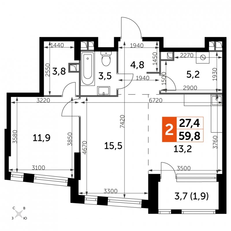 2-комнатная квартира с частичной отделкой, 59.8 м2, 7 этаж, сдача 4 квартал 2024 г., ЖК ROTTERDAM, корпус 2.3 - объявление 1954400 - фото №1