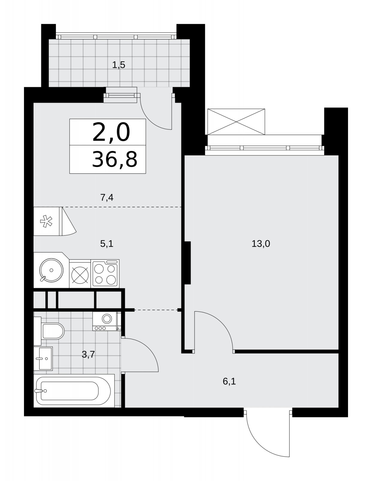 2-комнатная квартира (евро) без отделки, 36.8 м2, 13 этаж, сдача 1 квартал 2026 г., ЖК Прокшино, корпус 10.1.3 - объявление 2227322 - фото №1