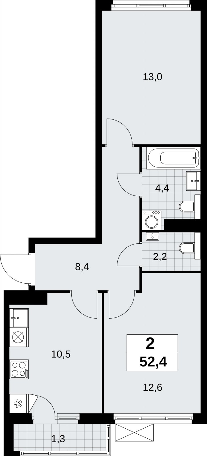 2-комнатная квартира без отделки, 52.4 м2, 10 этаж, сдача 2 квартал 2026 г., ЖК Бунинские кварталы, корпус 9.1 - объявление 2323760 - фото №1