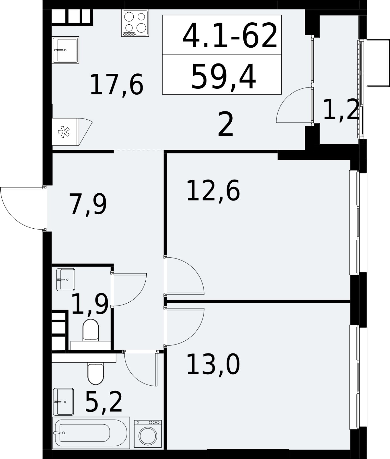 2-комнатная квартира с полной отделкой, 59.4 м2, 12 этаж, сдача 2 квартал 2027 г., ЖК Южные сады, корпус 4.1.1 - объявление 2392603 - фото №1