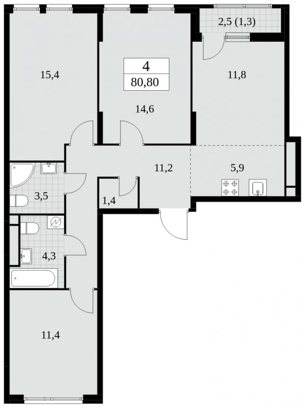 4-комнатная квартира (евро) без отделки, 80.8 м2, 10 этаж, сдача 2 квартал 2025 г., ЖК Южные сады, корпус 2.4 - объявление 1760227 - фото №1