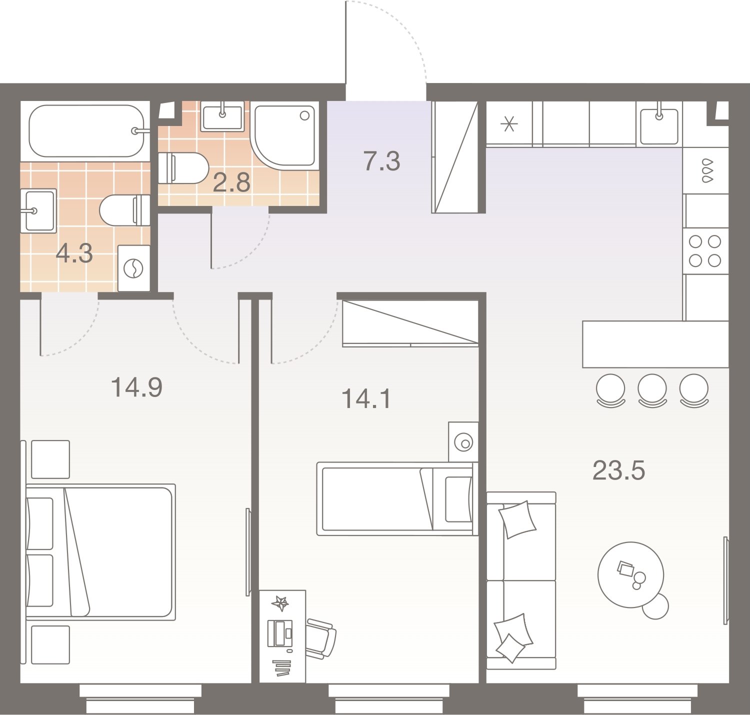 3-комнатная квартира без отделки, 66.9 м2, 26 этаж, сдача 1 квартал 2026 г., ЖК Twelve, корпус 3 - объявление 2372463 - фото №1