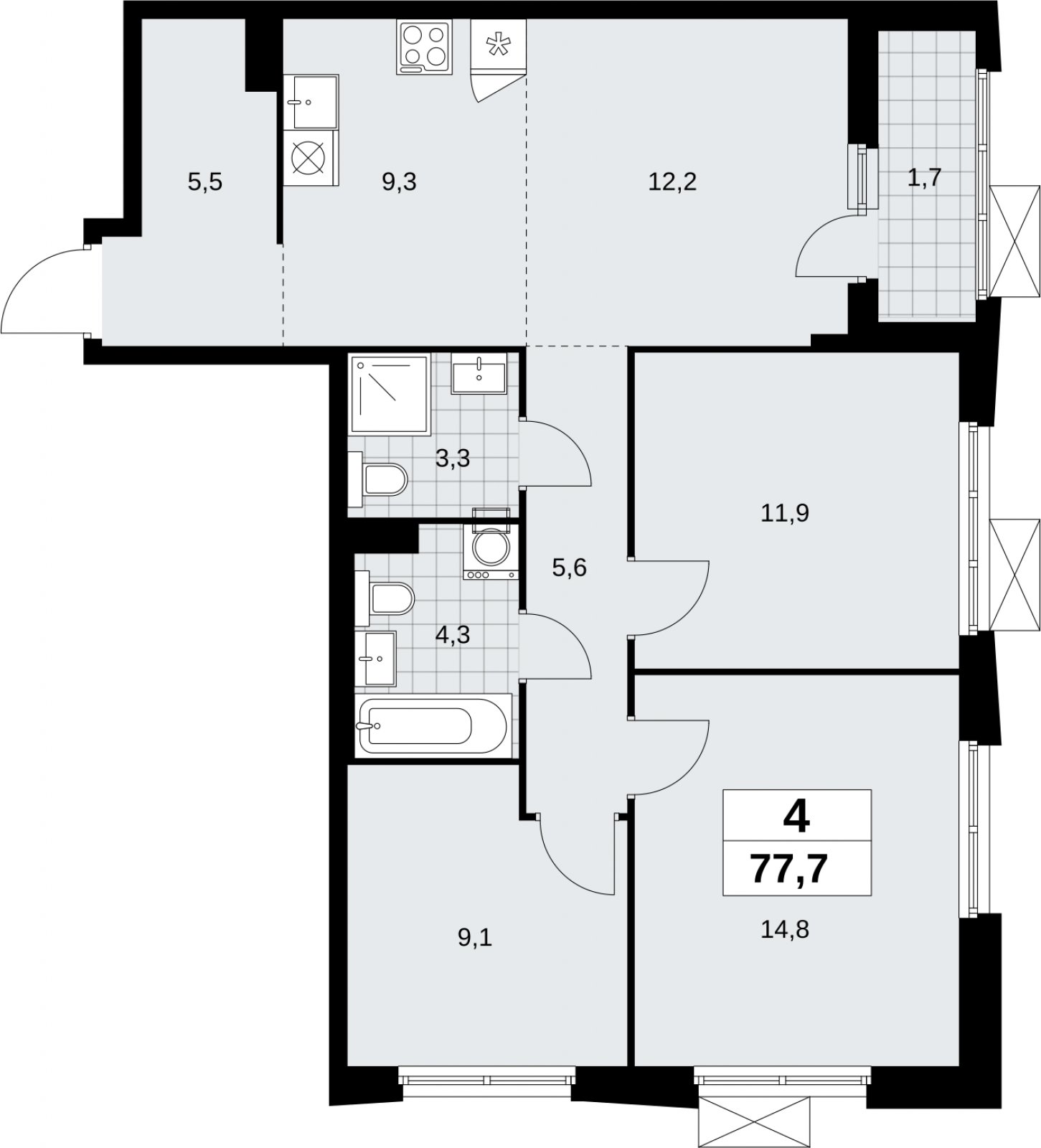 4-комнатная квартира (евро) без отделки, 77.7 м2, 8 этаж, сдача 1 квартал 2026 г., ЖК Дзен-кварталы, корпус 6.2.2 - объявление 2328683 - фото №1