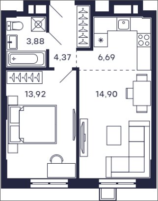1-комнатная квартира без отделки, 43.76 м2, 4 этаж, сдача 2 квартал 2025 г., ЖК Квартал Тетрис, корпус "Квартал Тетрис 2.2" - объявление 2356358 - фото №1