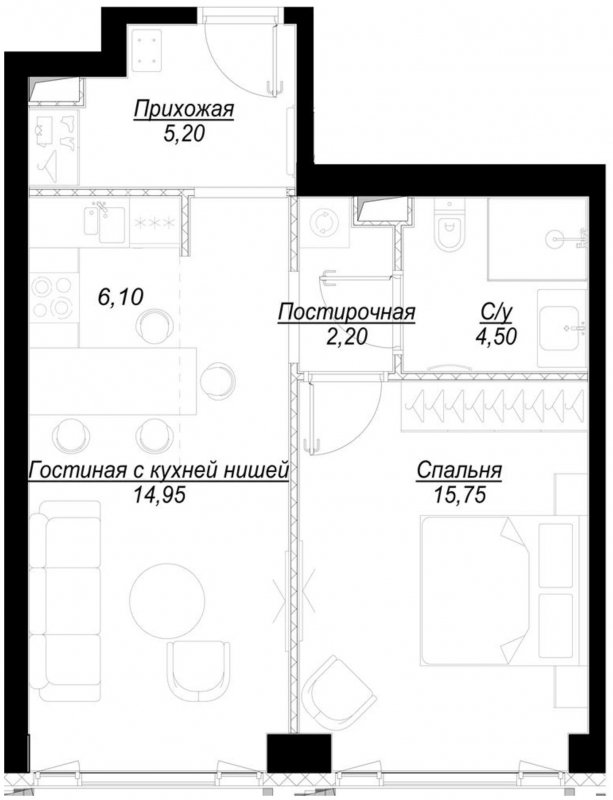 1-комнатная квартира с частичной отделкой, 48.7 м2, 2 этаж, дом сдан, ЖК Hide, корпус WestDale - объявление 2192225 - фото №1