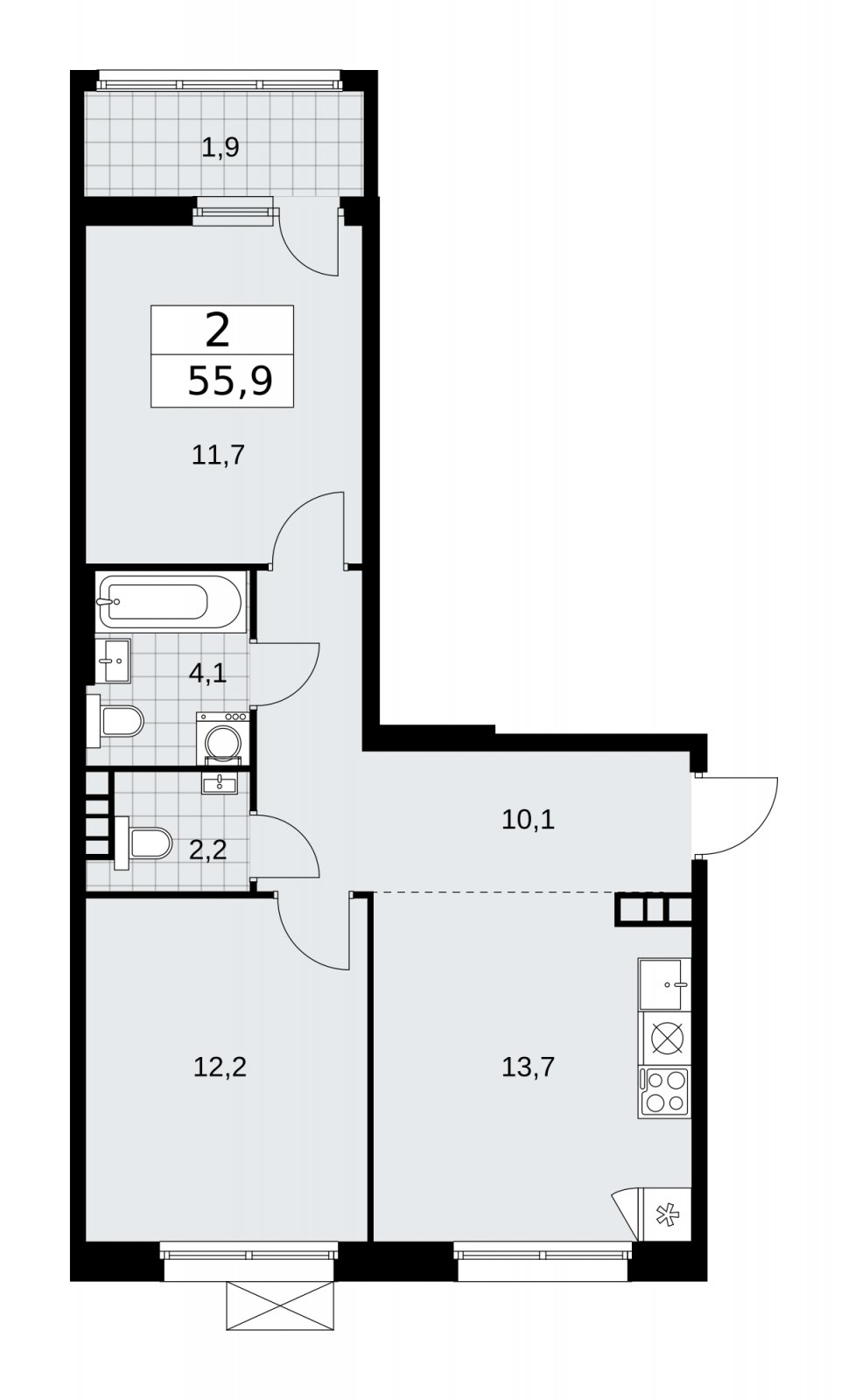 2-комнатная квартира с частичной отделкой, 55.9 м2, 9 этаж, сдача 2 квартал 2026 г., ЖК Дзен-кварталы, корпус 4.1 - объявление 2251427 - фото №1