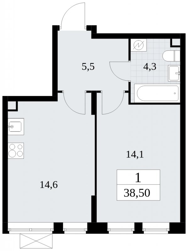 1-комнатная квартира без отделки, 38.5 м2, 2 этаж, сдача 1 квартал 2025 г., ЖК Прокшино, корпус 5.1.3 - объявление 1810584 - фото №1
