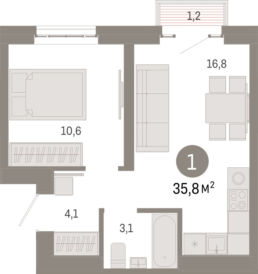1-комнатная квартира с частичной отделкой, 35.8 м2, 20 этаж, сдача 3 квартал 2026 г., ЖК Квартал Метроном, корпус 1 - объявление 2300687 - фото №1