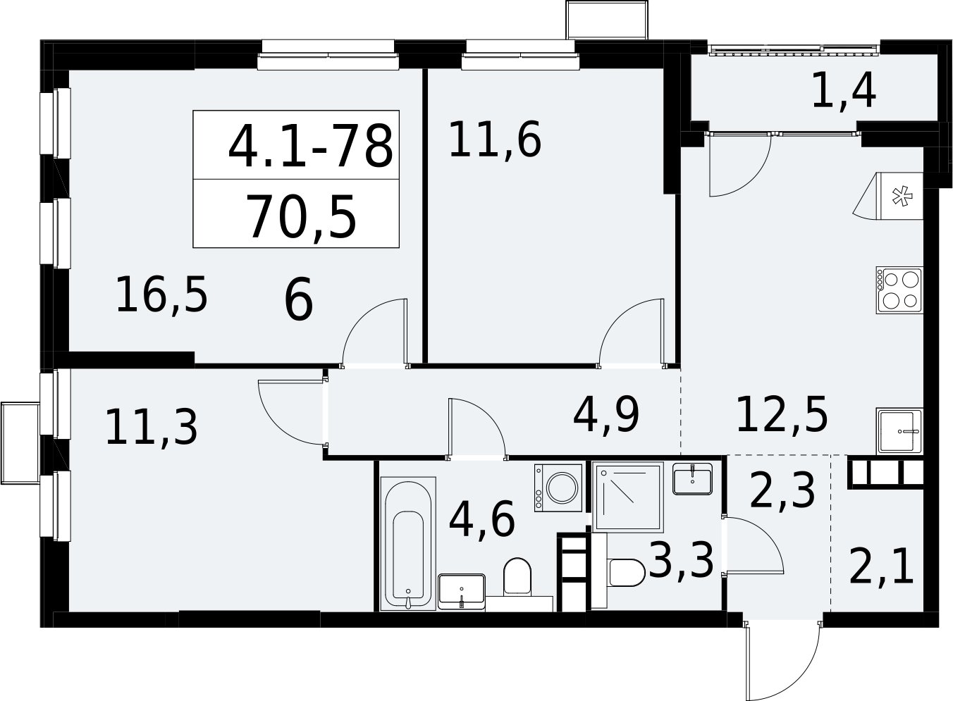3-комнатная квартира с полной отделкой, 70.5 м2, 14 этаж, сдача 2 квартал 2027 г., ЖК Южные сады, корпус 4.1.1 - объявление 2392619 - фото №1