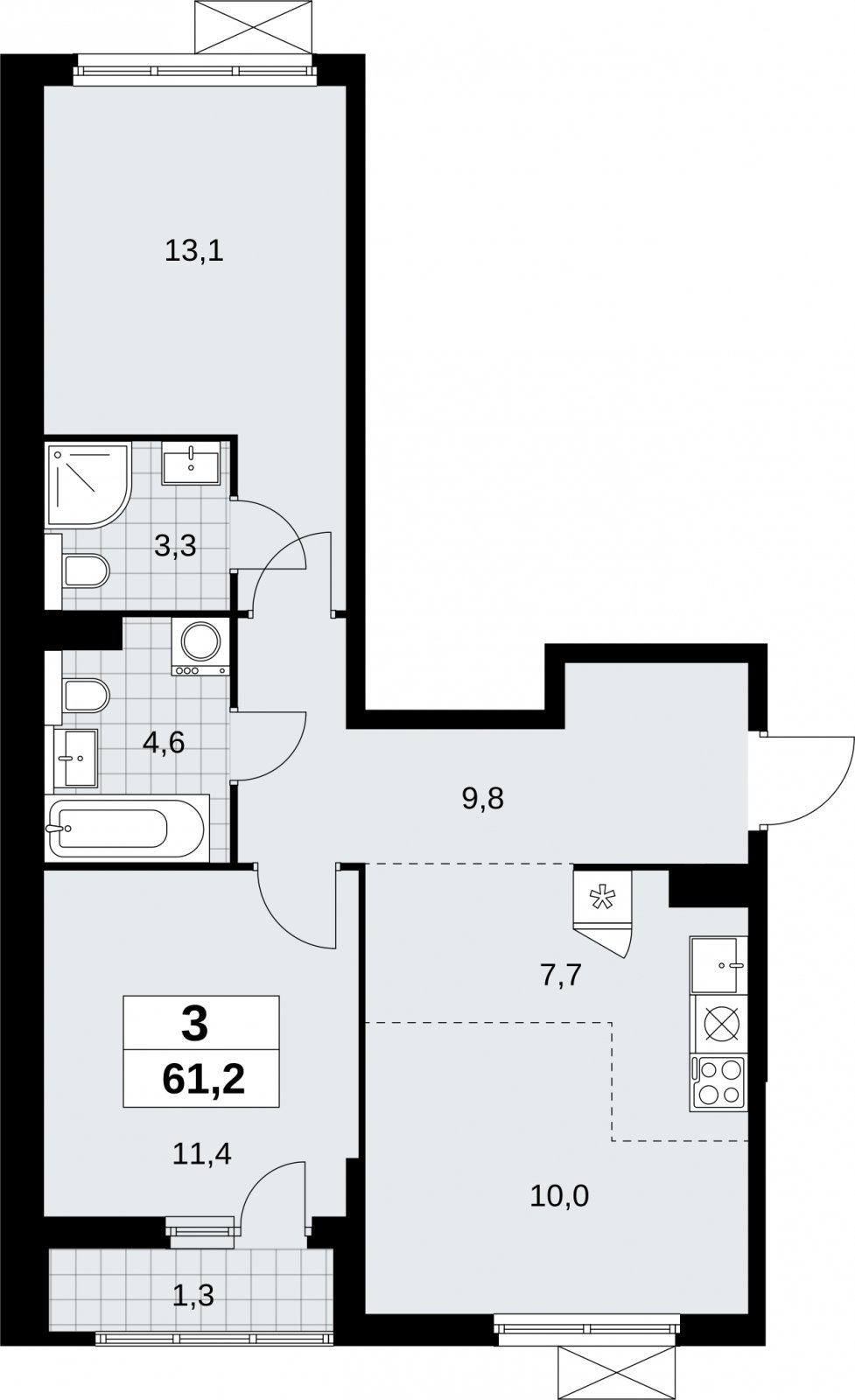 3-комнатная квартира (евро) без отделки, 61.2 м2, 4 этаж, сдача 2 квартал 2026 г., ЖК Бунинские кварталы, корпус 9.1 - объявление 2323530 - фото №1