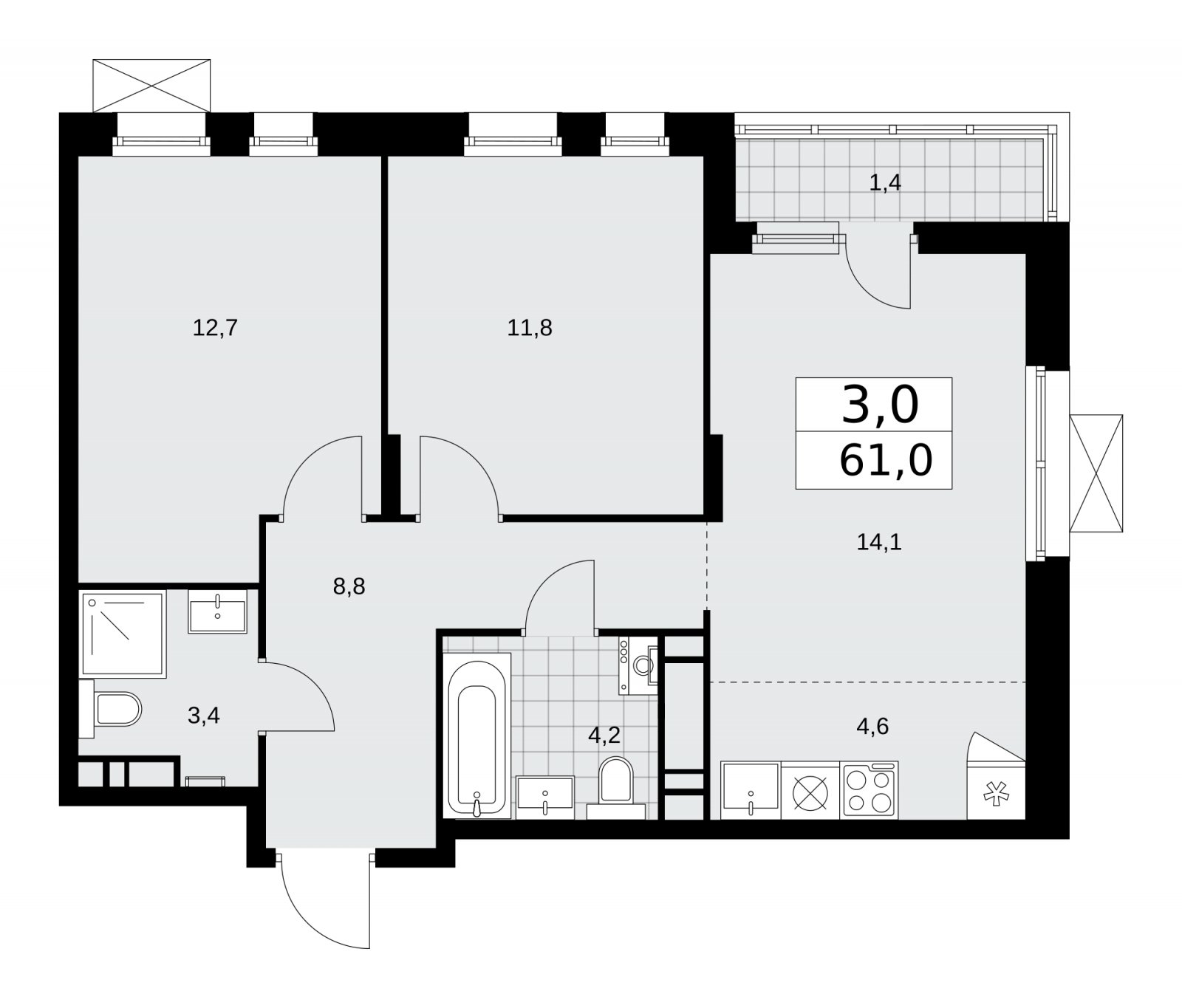 3-комнатная квартира (евро) без отделки, 61 м2, 15 этаж, сдача 1 квартал 2026 г., ЖК Прокшино, корпус 10.1.2 - объявление 2227227 - фото №1