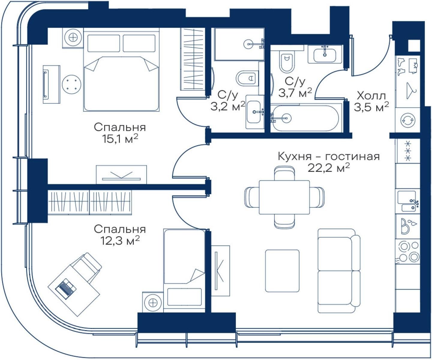 2-комнатная квартира с частичной отделкой, 60 м2, 4 этаж, сдача 3 квартал 2025 г., ЖК City Bay, корпус Atlantic Ocean 3 - объявление 2213994 - фото №1