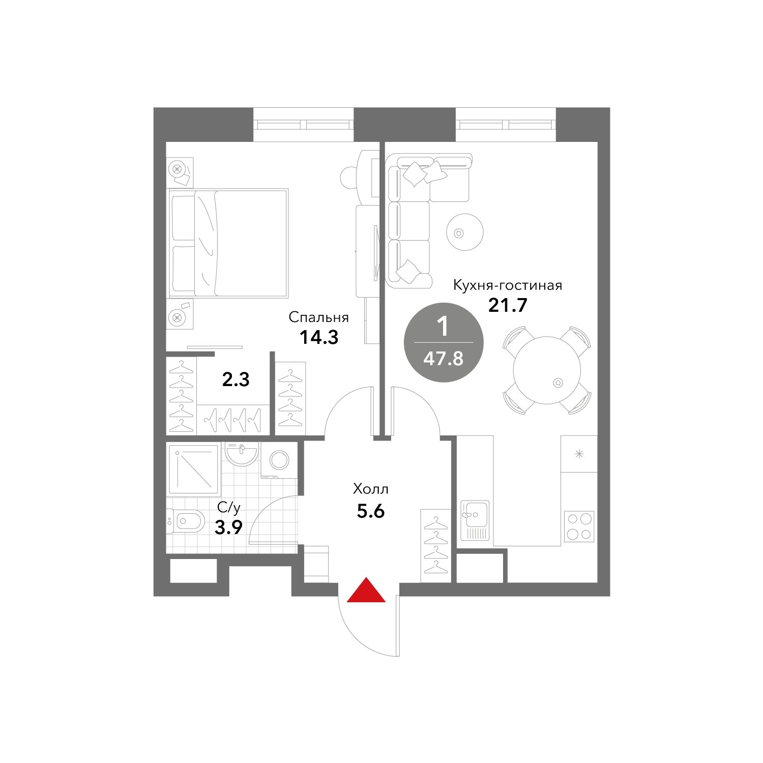 1-комнатные апартаменты без отделки, 47.8 м2, 16 этаж, сдача 3 квартал 2025 г., ЖК VOXHALL, корпус 4 - объявление 1981115 - фото №1
