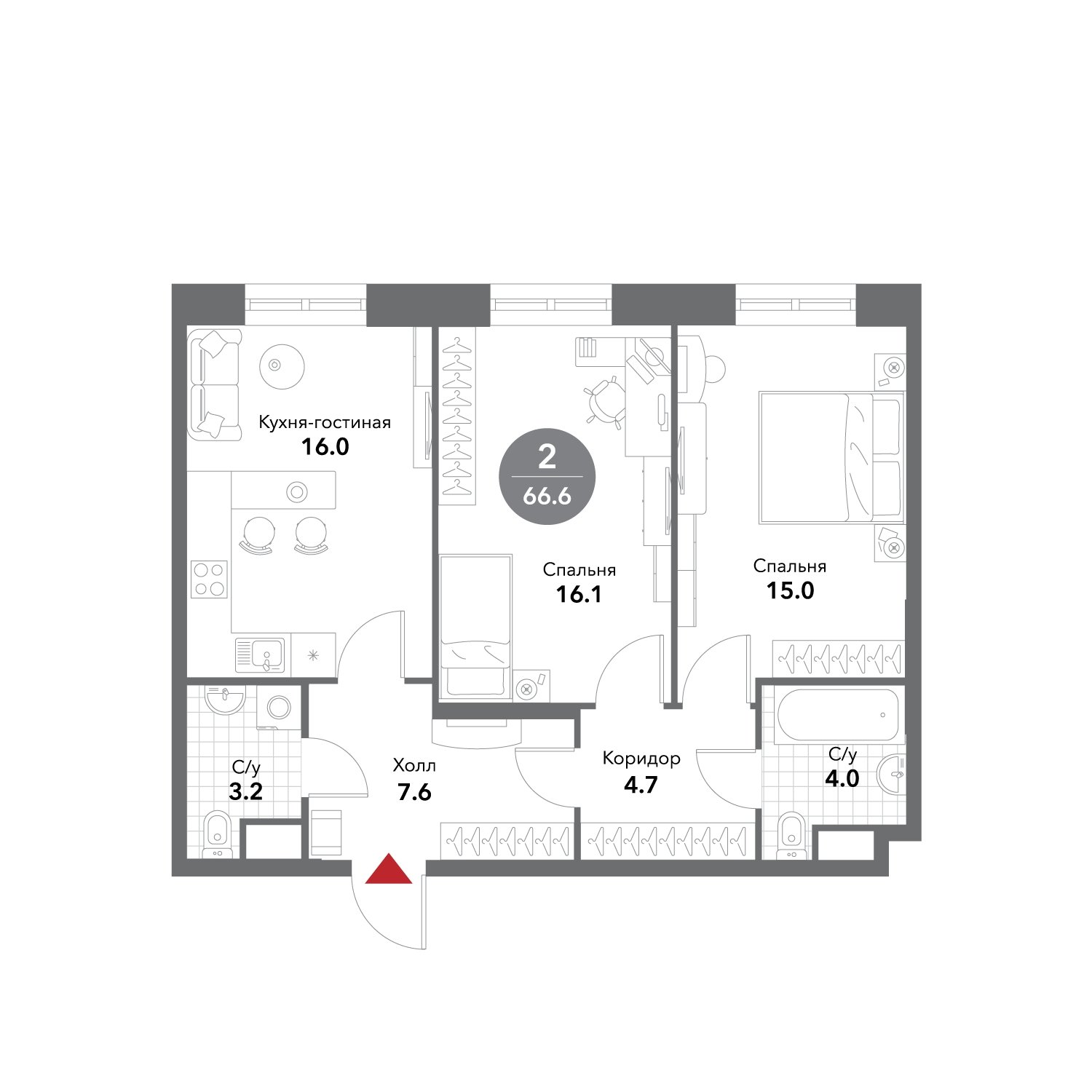 2-комнатные апартаменты без отделки, 66.6 м2, 13 этаж, сдача 3 квартал 2025 г., ЖК VOXHALL, корпус 4 - объявление 1981785 - фото №1