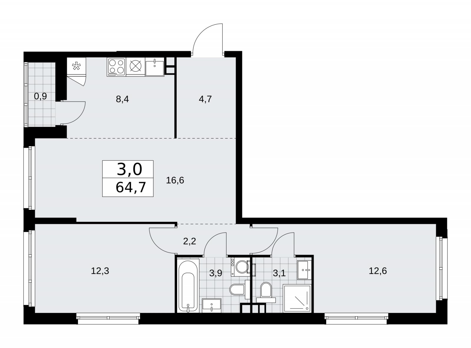 3-комнатная квартира (евро) с частичной отделкой, 64.7 м2, 3 этаж, сдача 2 квартал 2026 г., ЖК Дзен-кварталы, корпус 3.4 - объявление 2242248 - фото №1