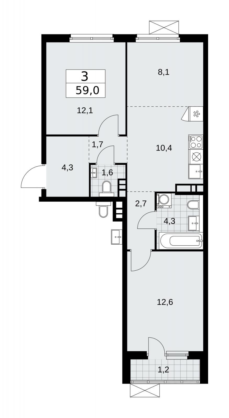 3-комнатная квартира (евро) с частичной отделкой, 59 м2, 4 этаж, сдача 2 квартал 2026 г., ЖК Прокшино, корпус 11.2.3 - объявление 2270269 - фото №1