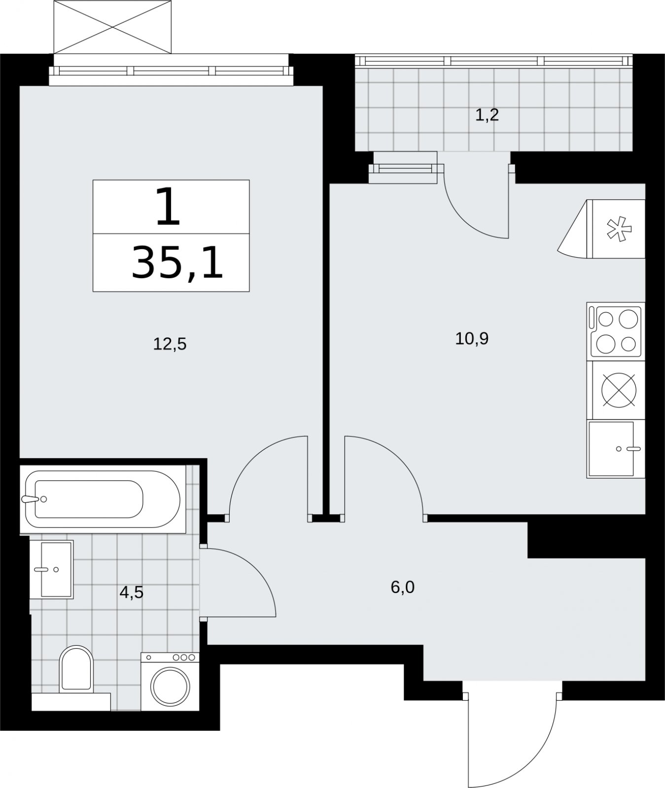 1-комнатная квартира без отделки, 35.1 м2, 12 этаж, сдача 2 квартал 2026 г., ЖК Бунинские кварталы, корпус 7.3 - объявление 2313709 - фото №1