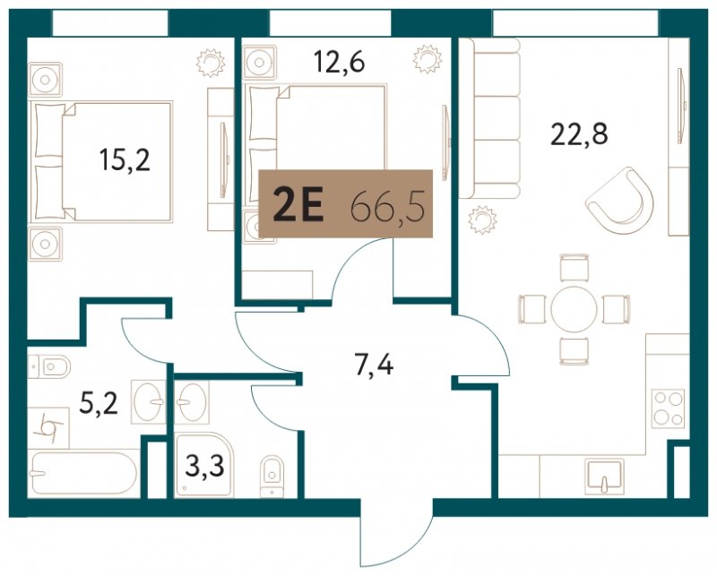 2-комнатная квартира 66.5 м2, 3 этаж, сдача 4 квартал 2022 г., ЖК Настоящее, корпус 4 - объявление 1711368 - фото №1