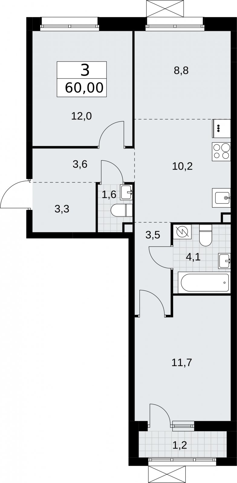 3-комнатная квартира (евро) без отделки, 60 м2, 2 этаж, сдача 3 квартал 2026 г., ЖК Родные кварталы, корпус 2 - объявление 2295519 - фото №1