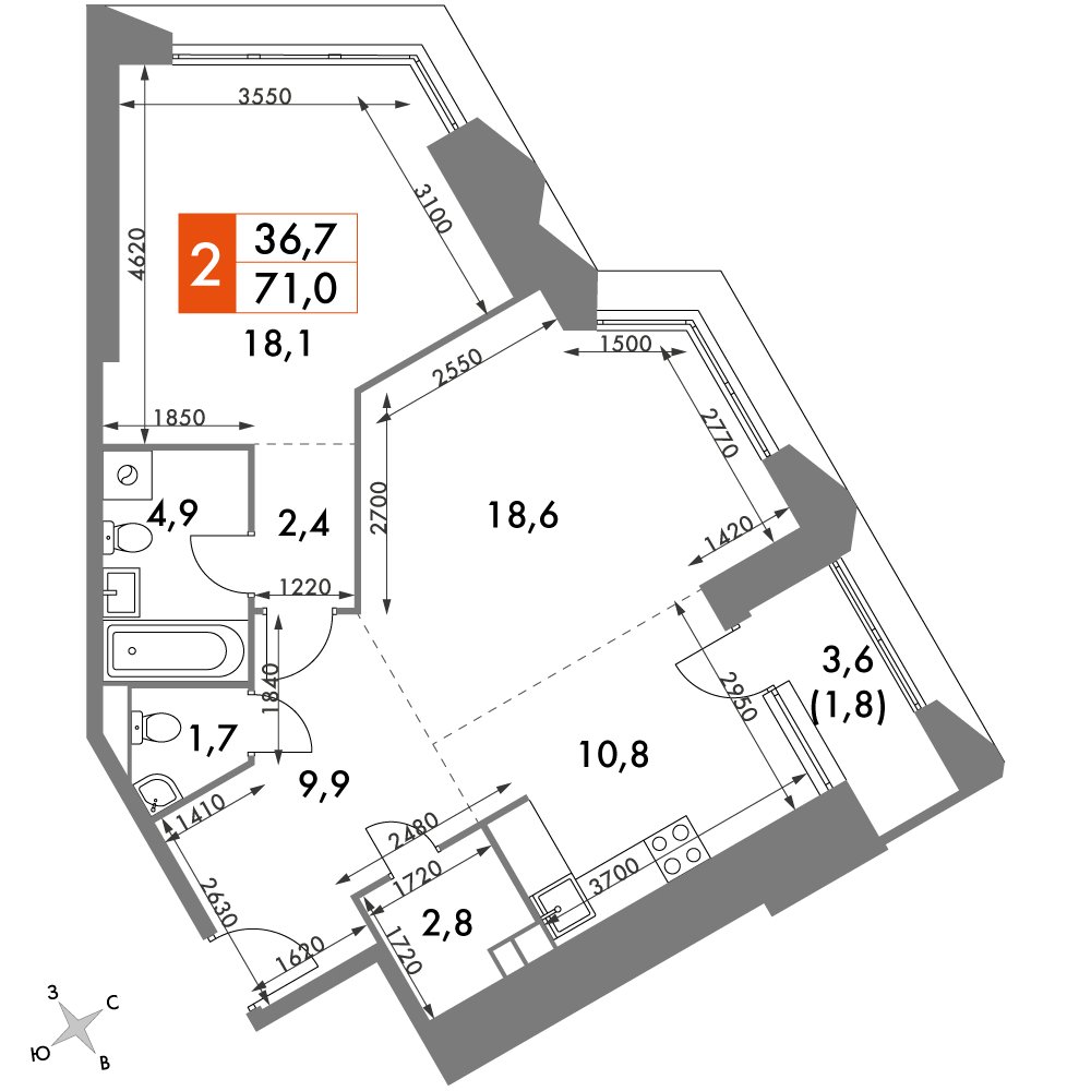 2-комнатная квартира с частичной отделкой, 71 м2, 5 этаж, дом сдан, ЖК Архитектор, корпус 3 - объявление 2378088 - фото №1