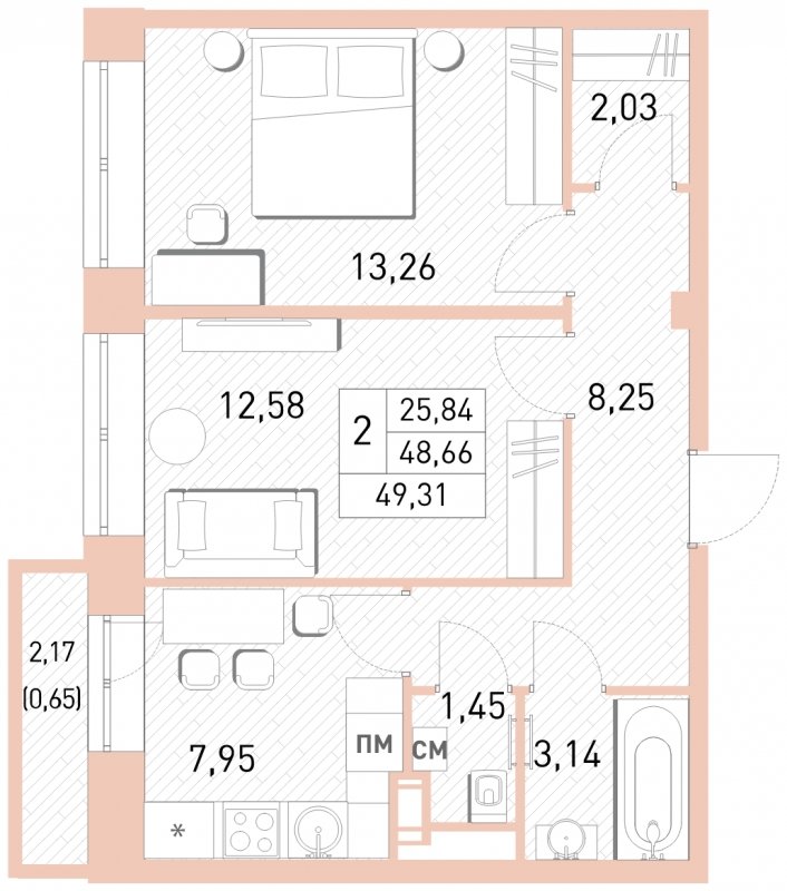 2-комнатная квартира с полной отделкой, 49.31 м2, 15 этаж, сдача 2 квартал 2023 г., ЖК Столичный, корпус 24 - объявление 1651113 - фото №1