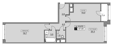 2-комнатная квартира без отделки, 67.6 м2, 4 этаж, сдача 4 квартал 2022 г., ЖК Румянцево-Парк, корпус 3 - объявление 1187529 - фото №1