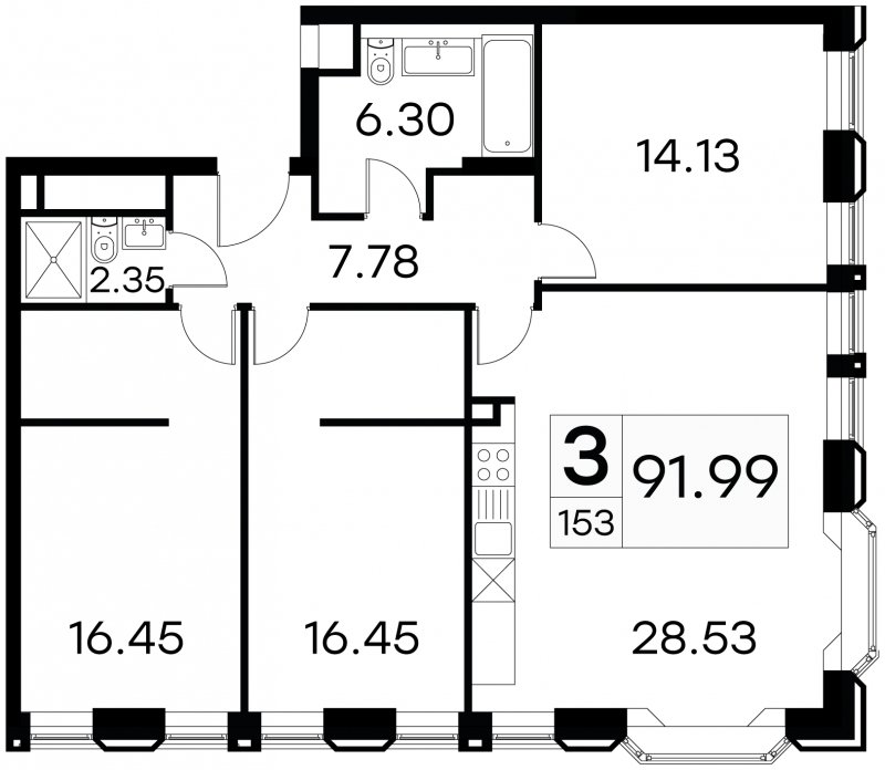 3-комнатные апартаменты с частичной отделкой, 91.99 м2, 15 этаж, сдача 3 квартал 2024 г., ЖК GloraX Aura Белорусская, корпус 1 - объявление 1708608 - фото №1