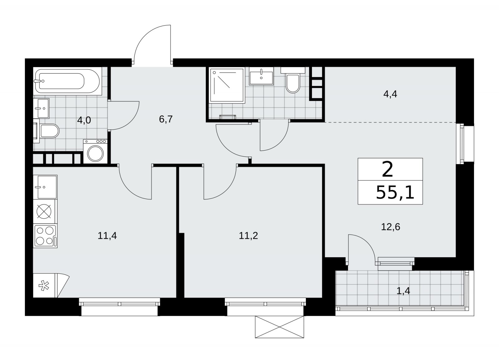 2-комнатная квартира без отделки, 55.1 м2, 5 этаж, сдача 2 квартал 2026 г., ЖК Скандинавия, корпус 25.5 - объявление 2283780 - фото №1