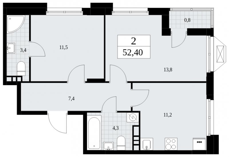 2-комнатная квартира с частичной отделкой, 52.4 м2, 4 этаж, сдача 4 квартал 2024 г., ЖК Бунинские кварталы, корпус 1.2 - объявление 1834324 - фото №1