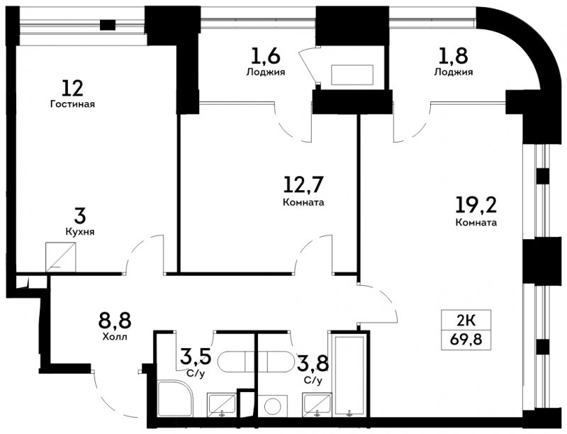 2-комнатная квартира 69.8 м2, 6 этаж, сдача 4 квартал 2022 г., ЖК Квартал на набережной NOW, корпус 1.1 - объявление 1586153 - фото №1