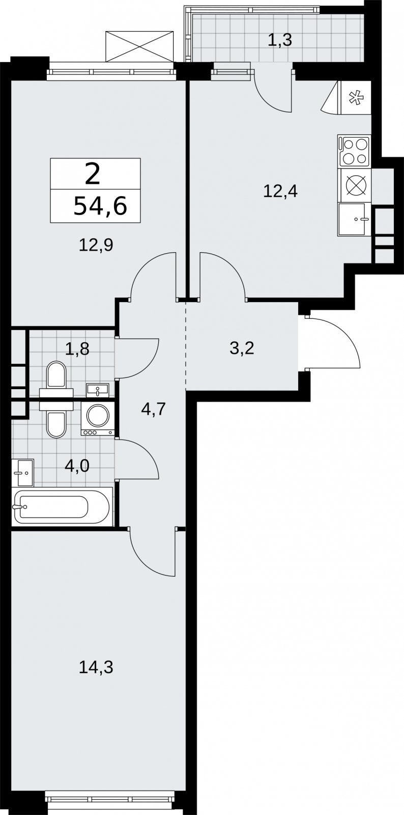 2-комнатная квартира с частичной отделкой, 54.6 м2, 7 этаж, сдача 2 квартал 2026 г., ЖК Бунинские кварталы, корпус 5.1 - объявление 2297261 - фото №1