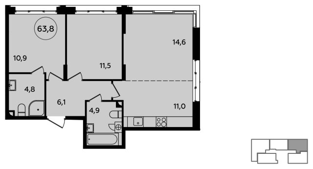 3-комнатная квартира (евро) без отделки, 63.8 м2, 2 этаж, сдача 4 квартал 2023 г., ЖК Скандинавия, корпус 2.23.6 - объявление 1515246 - фото №1