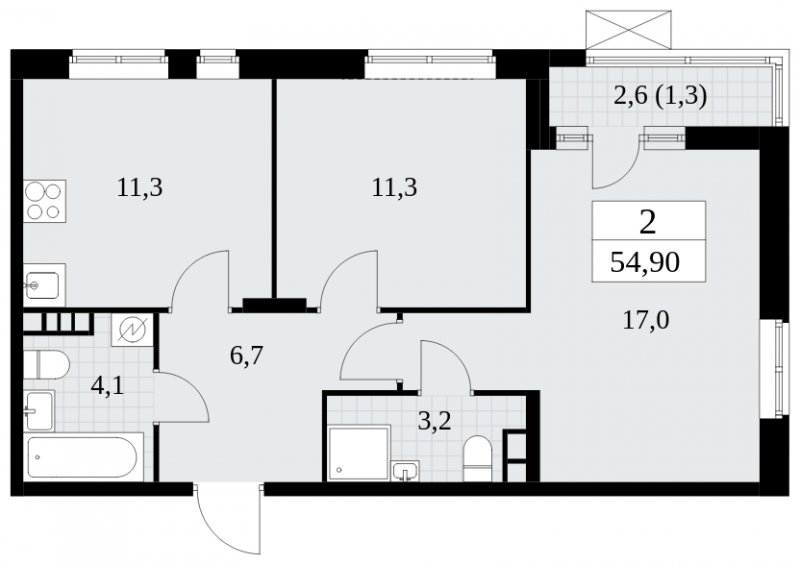 2-комнатная квартира без отделки, 54.9 м2, 5 этаж, сдача 1 квартал 2025 г., ЖК Прокшино, корпус 5.2.3 - объявление 1751451 - фото №1