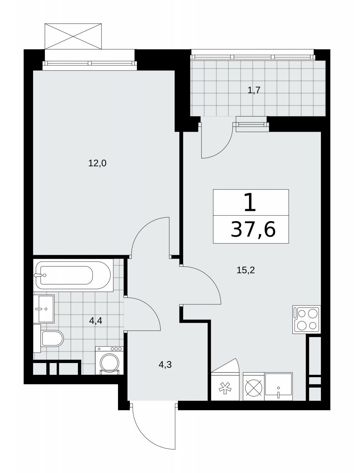 1-комнатная квартира без отделки, 37.6 м2, 9 этаж, сдача 1 квартал 2026 г., ЖК Дзен-кварталы, корпус 4.3 - объявление 2251643 - фото №1