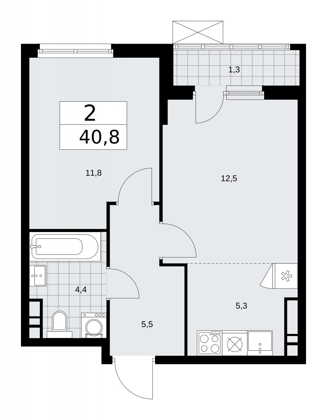 2-комнатная квартира (евро) без отделки, 40.8 м2, 11 этаж, сдача 1 квартал 2026 г., ЖК Прокшино, корпус 11.2.1 - объявление 2269881 - фото №1