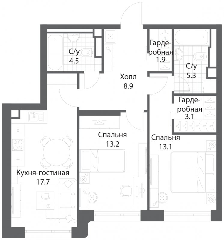 2-комнатная квартира без отделки, 67.7 м2, 3 этаж, сдача 3 квартал 2025 г., ЖК Nagatino i-Land, корпус 2 (3 очередь) - объявление 1786783 - фото №1