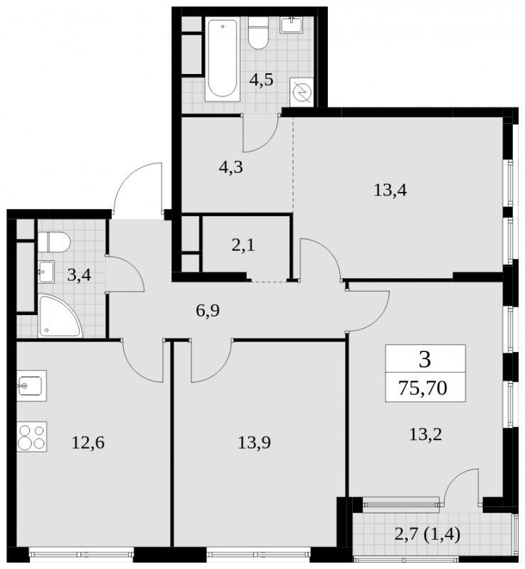 3-комнатная квартира без отделки, 75.7 м2, 24 этаж, сдача 2 квартал 2025 г., ЖК Южные сады, корпус 2.3 - объявление 1758260 - фото №1