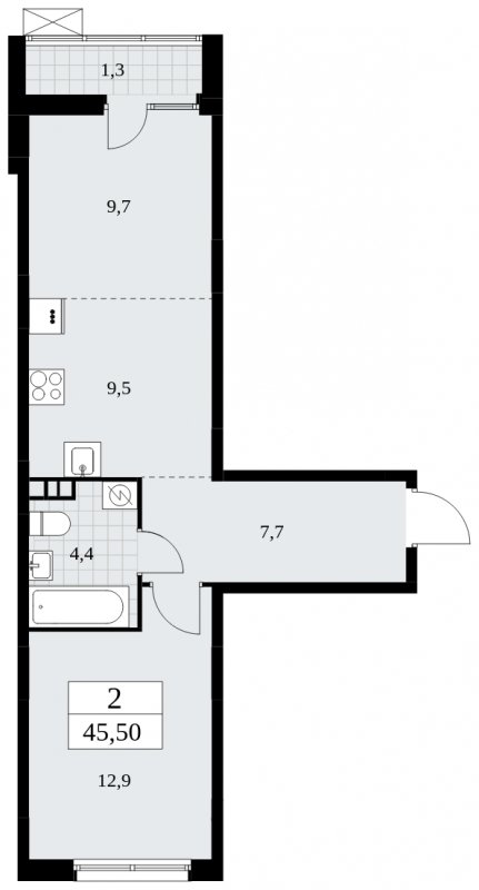 2-комнатная квартира (евро) без отделки, 45.5 м2, 3 этаж, сдача 1 квартал 2025 г., ЖК Дзен-кварталы, корпус 1.4 - объявление 1896160 - фото №1