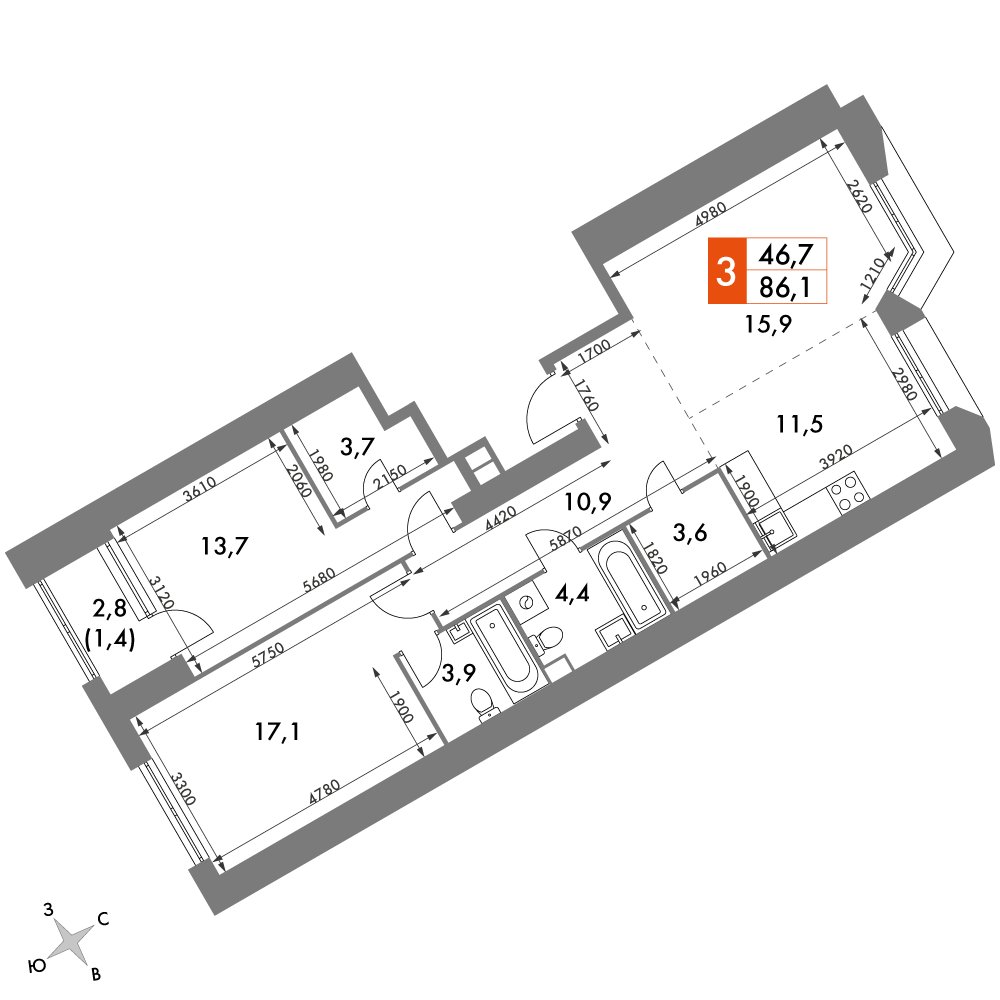 3-комнатная квартира с частичной отделкой, 86.1 м2, 5 этаж, дом сдан, ЖК Архитектор, корпус 3 - объявление 2378087 - фото №1