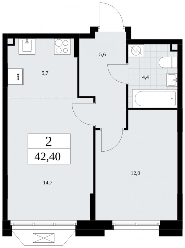 2-комнатная квартира (евро) без отделки, 42.4 м2, 2 этаж, сдача 4 квартал 2024 г., ЖК Бунинские кварталы, корпус 1.3 - объявление 1834707 - фото №1