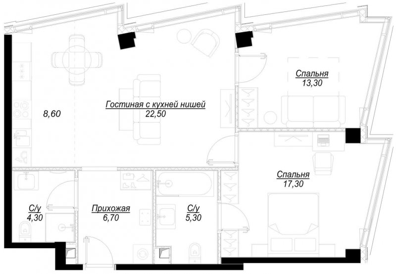 2-комнатная квартира с частичной отделкой, 78 м2, 40 этаж, сдача 1 квартал 2023 г., ЖК Hide, корпус WestDale - объявление 1756912 - фото №1