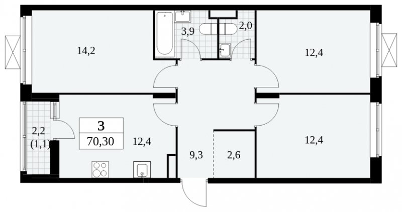 3-комнатная квартира без отделки, 70.3 м2, 5 этаж, сдача 2 квартал 2024 г., ЖК Прокшино, корпус 6.1 - объявление 1662569 - фото №1